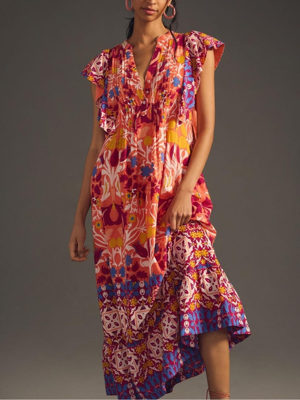 Anthropologie/Maeve Coral Multi Floral Ruffle Maxi Dress, Size XL, EUC